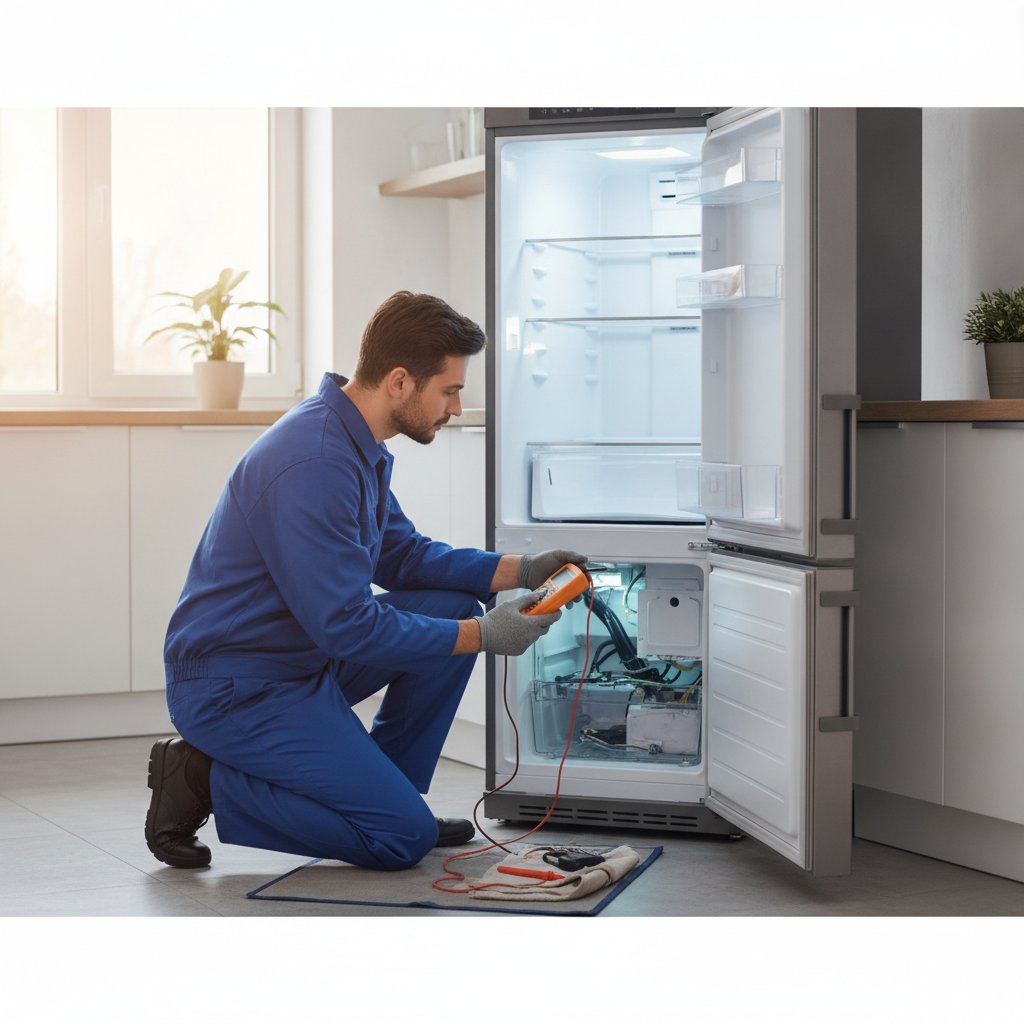 Professional technician repairing refrigerator at customer home in Warsaw
